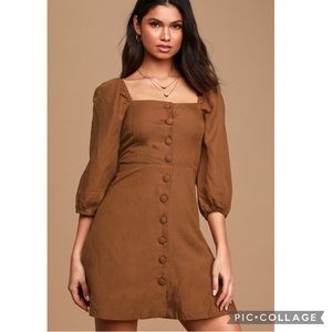 Raya Brown Puff Sleeve Button-Front Mini Dress